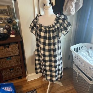 Black & White Gingham Mini Dress with Ruffled Square Neck